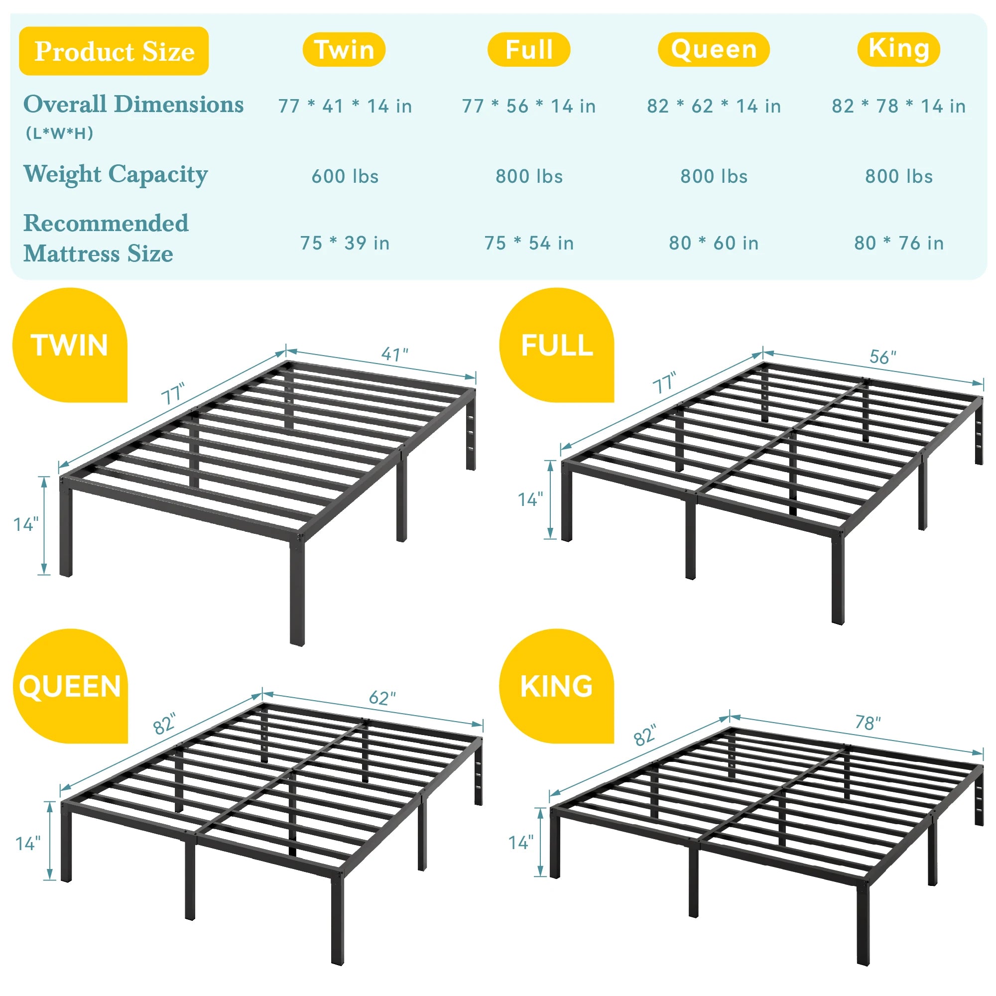 Heavy-Duty Metal Bed Frame with 14" Storage, No Box Spring