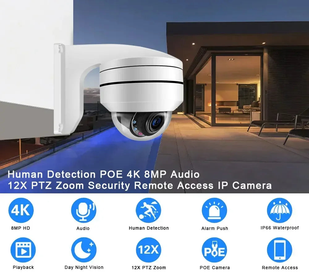 4K 8MP PTZ kupolasta kamera s 12X zumom i PoE