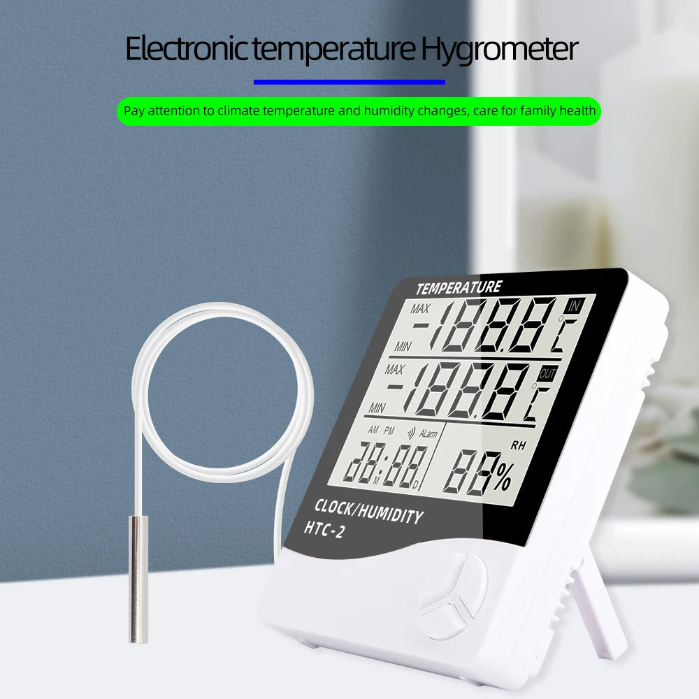 LCD Digital Temperature Humidity Meter HTC-2/HTC-1 Home Indoor Outdoor Hygrometer Thermometer Weather Station with Clock