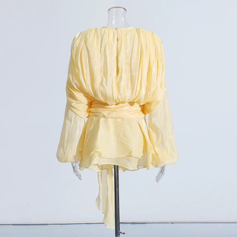 TWOTWINSTYLE Solid Patchwork Lace Up Blouse Mini Dresses For Women V Neck Long Sleeve Sweet Style Dress Female Clothing Fashion