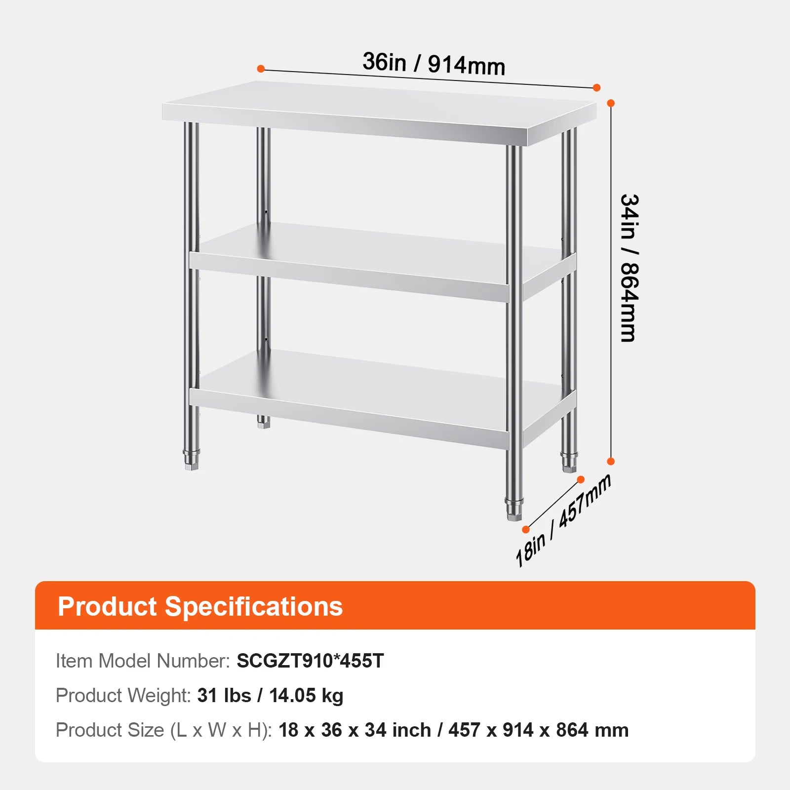 Stainless Steel Food Prep Table with Adjustable Shelves for Kitchen