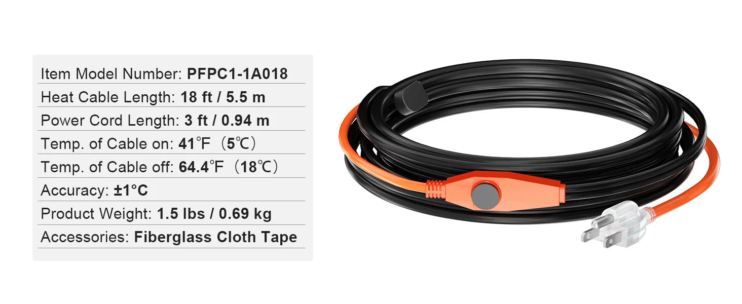 Cable calefactor para tuberías con cinta térmica para protección contra congelación (6FT–30FT)