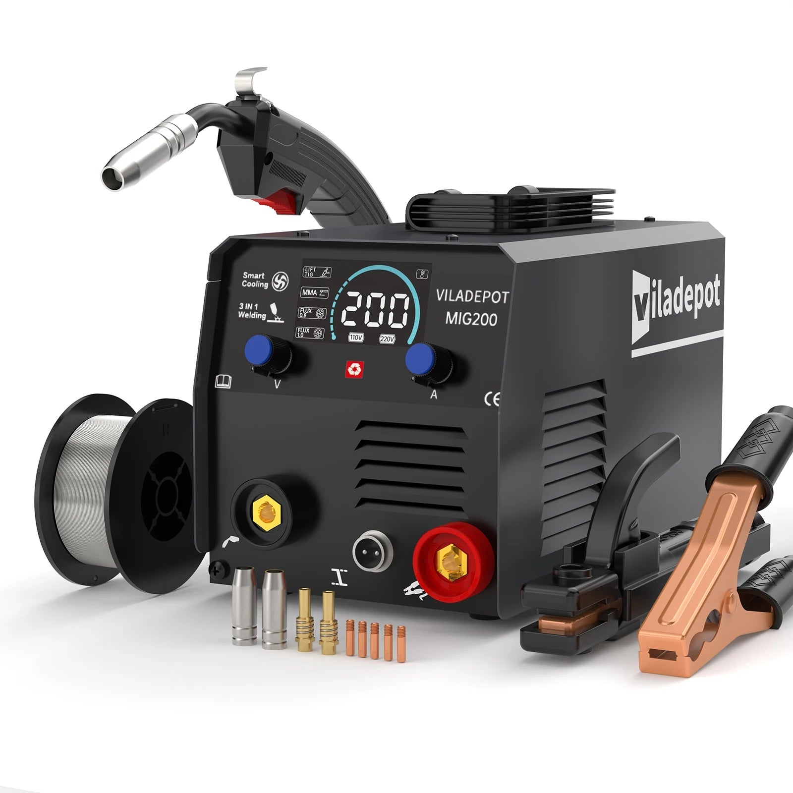 Viladepot 3 in 1 No Gas MIG Welder MIG/MMA/Lift TIG MIG200 Semi-automatic Welding Machine With Flux Cored Wire Gasless