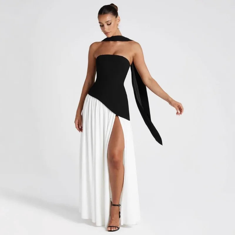 Elegant Strapless Floor-Length Women’s Slit Backless Evening Dress