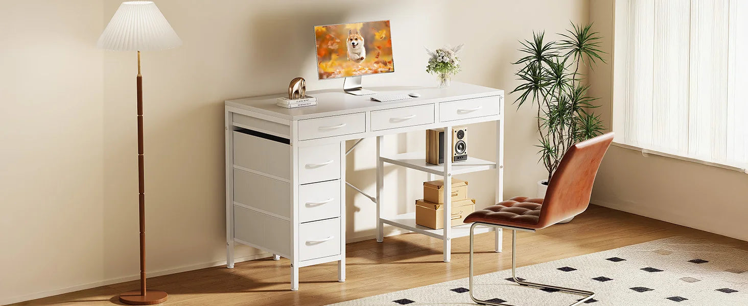 55 Inch Computer Desk with 6 Drawers and Storage Shelves