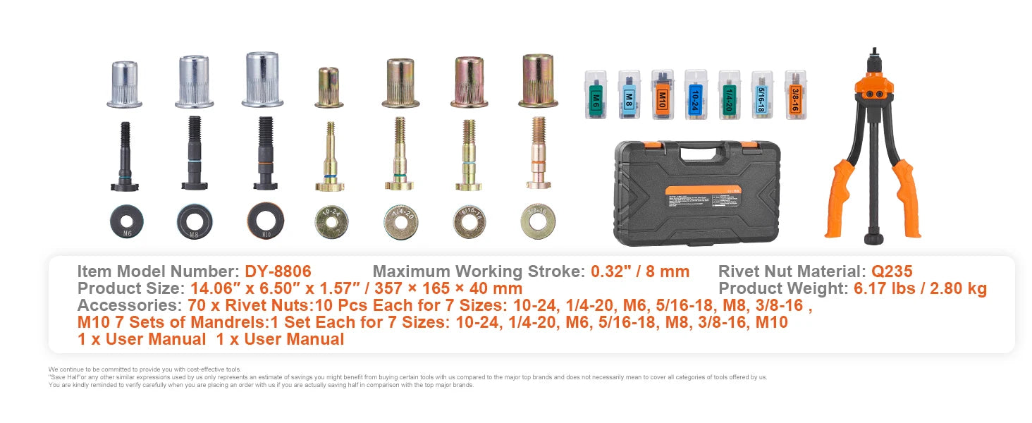 SucceBuy outil rivet nut 14" 16" Rivet Nut Tool kit avec mandrins métriques et SAE 70 pièces/186 pièces Rivet Nuts avec boîtier de transport robuste