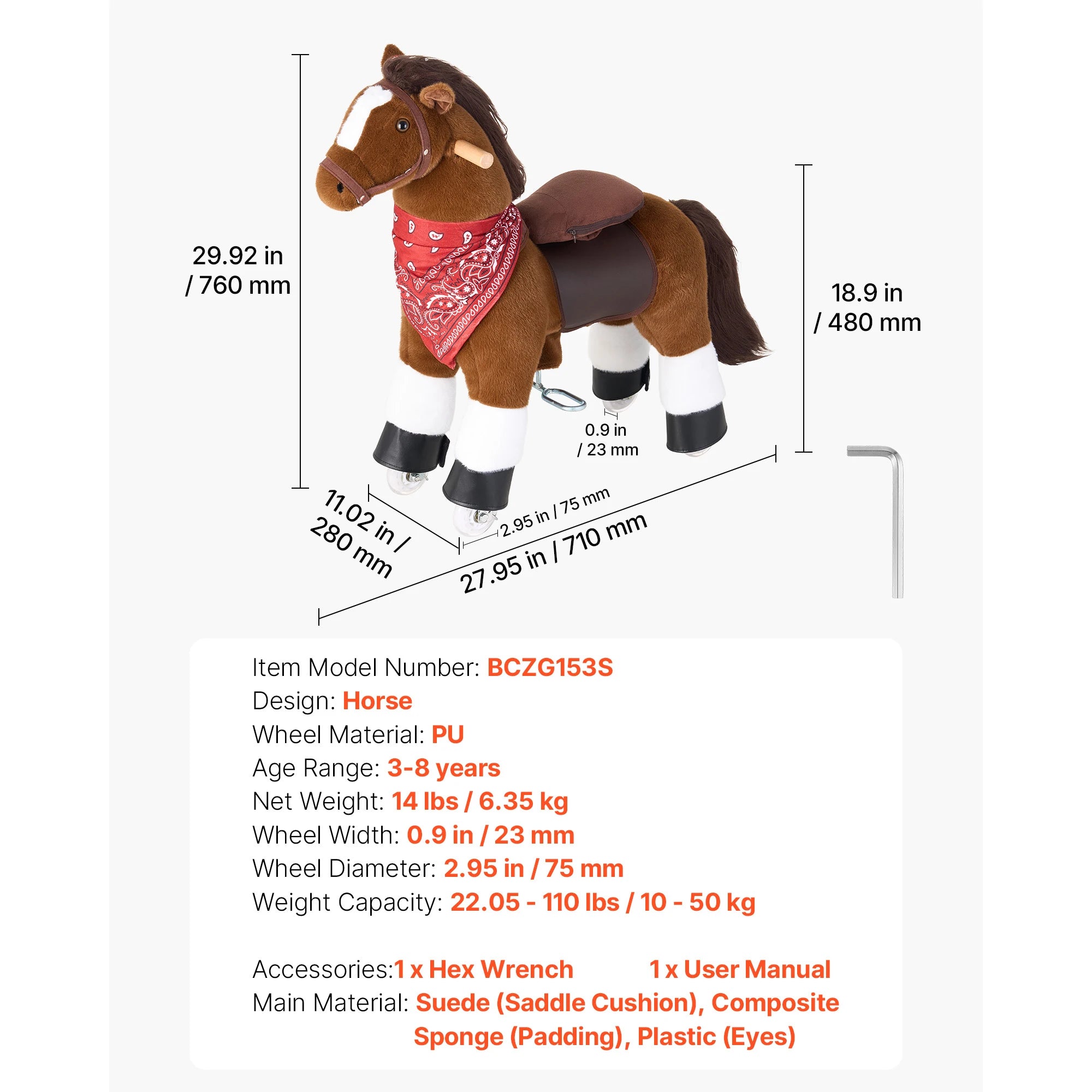 SucceBuy 110/176 lbs Kids Ride On Horse Smooth Wheels with Anti-Roll Stop Ring & Handles Pedals Riding Pony Toys for Children