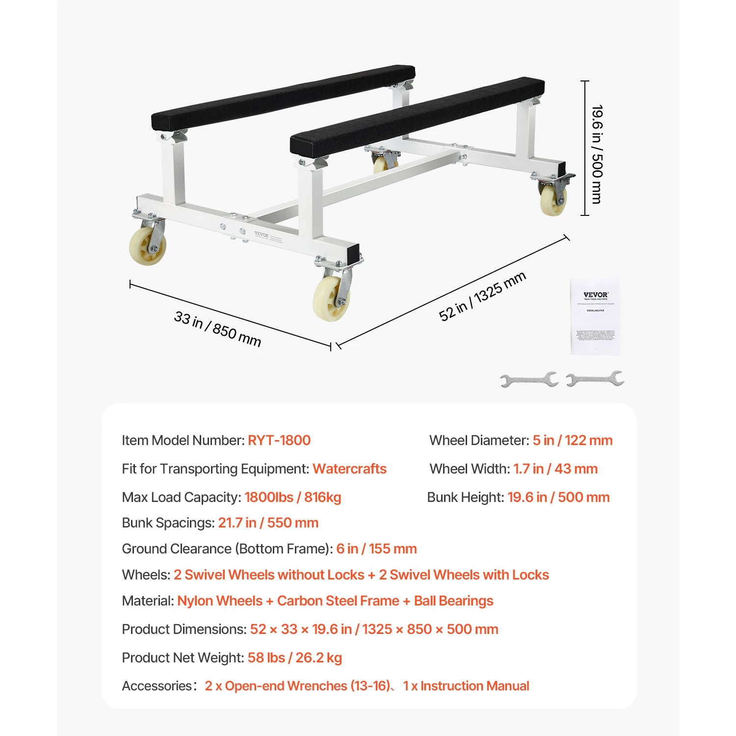 1800 lbs Jet Ski Dolly Cart with Wheels & Fixed Bunk Stand