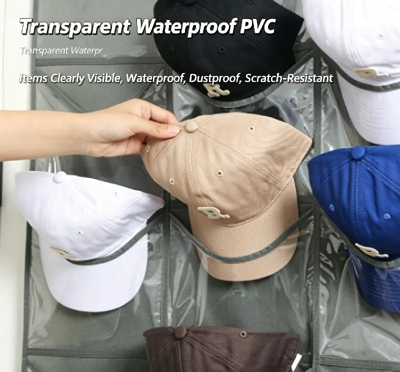 Organisateur de chapeaux à suspendre à la porte, avec 24 poches transparentes