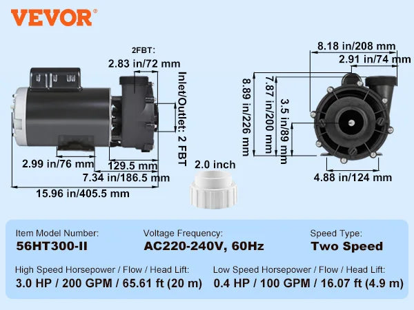 SucceBuy 2 Speed SPA Pump 48/56-Frame AC110-120V SPA Pump 1.5HP/3HP/4HP High Speed 2'' Port 90° Rotational Interface for Hot Tub