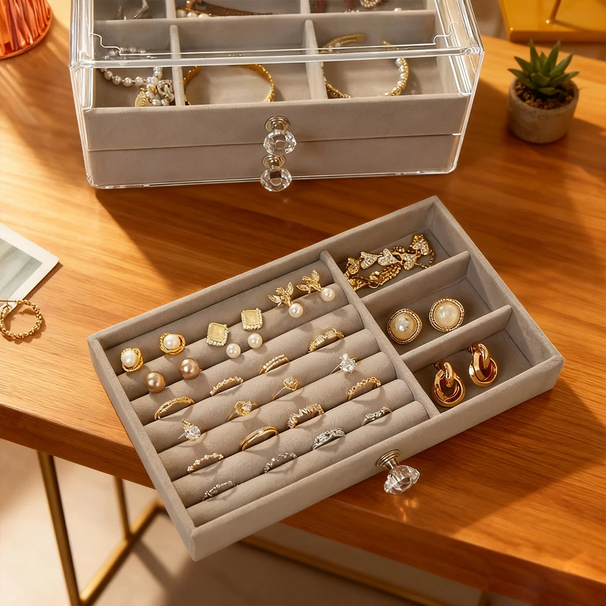 1 boîte à bijoux à tiroirs empilable sur 3 niveaux, beige/grise, pour ranger boucles d’oreilles, bagues, colliers et bracelets
