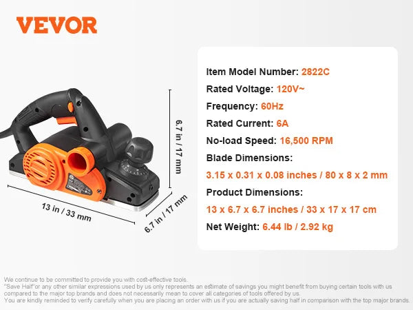 Electric Hand Planer 3-1/4" 16500 RPM Corded Wood Planing Tool