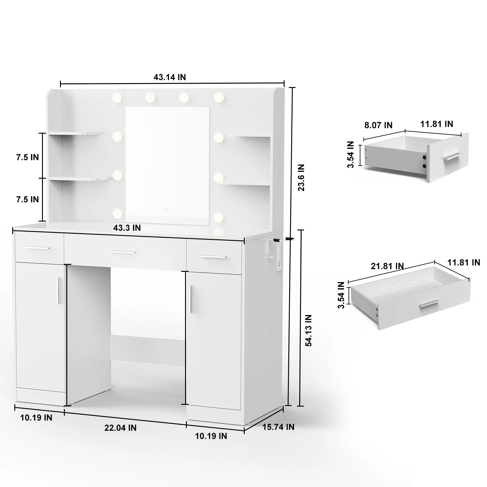 Modern Vanity Desk with Mirror Lights, Storage Cabinets & Drawers