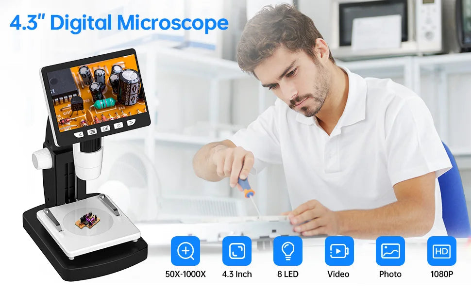 1000X 4.3" LCD Digital Microscope 1080P Coin Microscopio 8 LED Lights USB Magnifier Soldering Repair Video Microscope for Coin