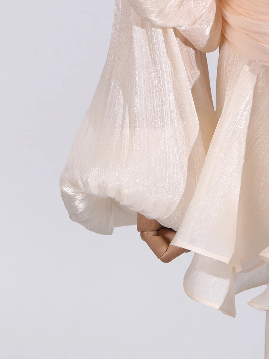 GALCAUR Solid Loose Splicd Lace Up Dresses For Women V Neck Long Sleeves Patchwork Ruffles Tunic Dreses Female Fashio New