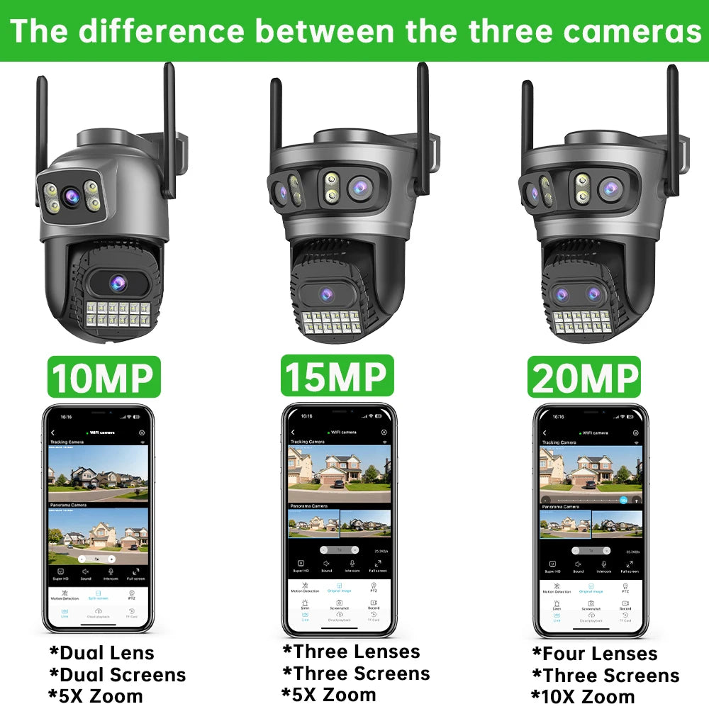20MP 10K PTZ WiFi biztonsági kamera 4-lencsés 360° automatikus követéssel
