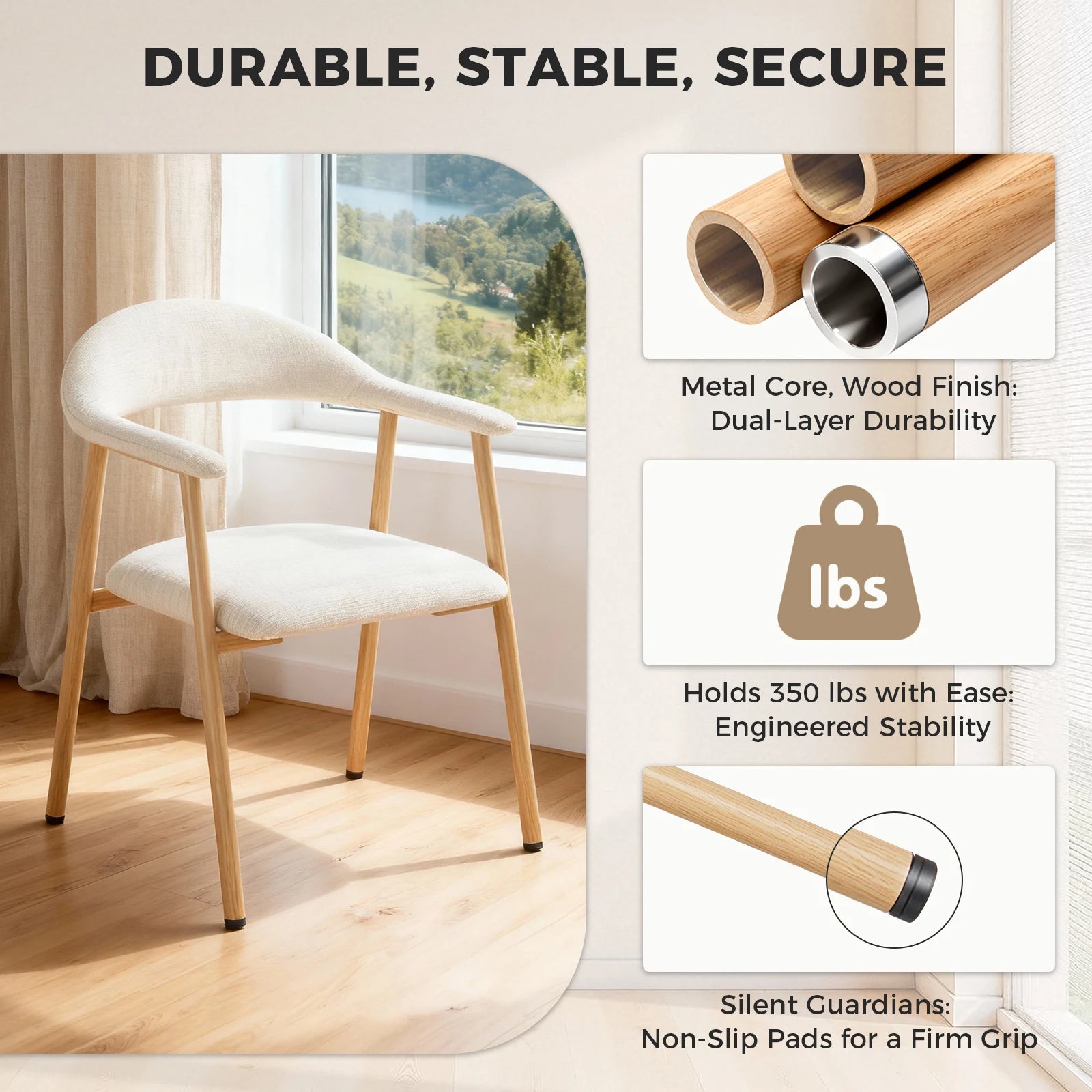 Modern Linen Upholstered Dining Chairs Set of 2 with Curved Back