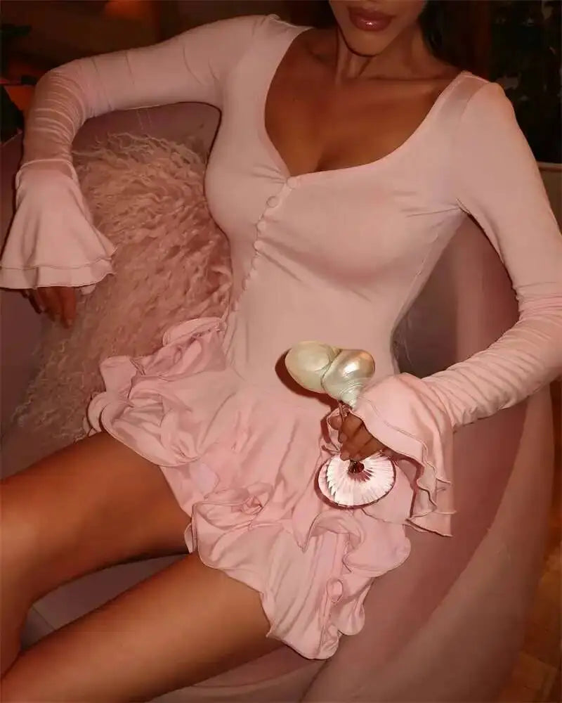 Blifanbo Flare Sleeve Ruffle Sexy V Neck Mini Dress Women Robe Irregular Single-breasted High Waist Slim A-line Club Dress