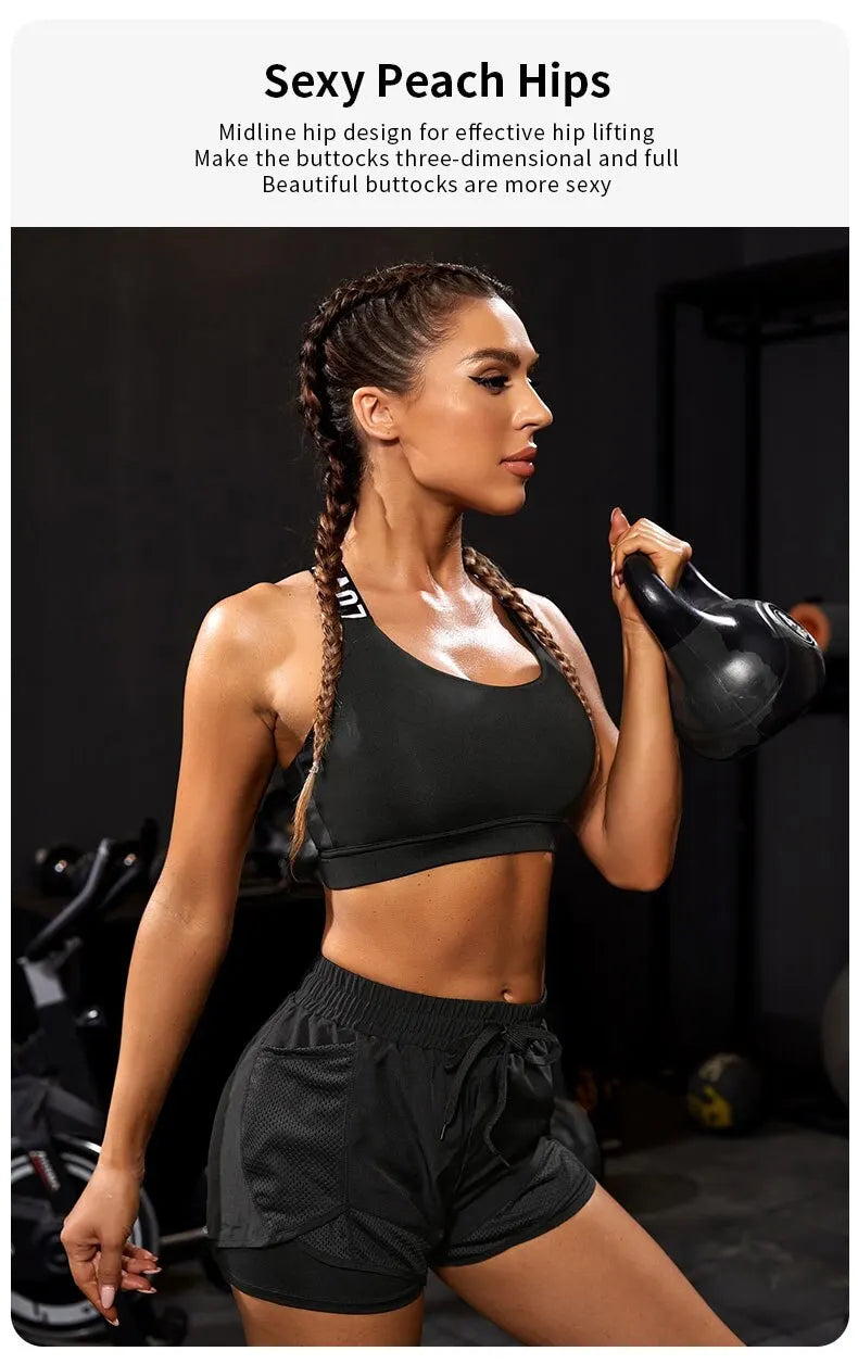 Women's Elastic Sports Shorts, Shorts With Pockets, Fake Two-Piece Yoga Leggings Running And Training