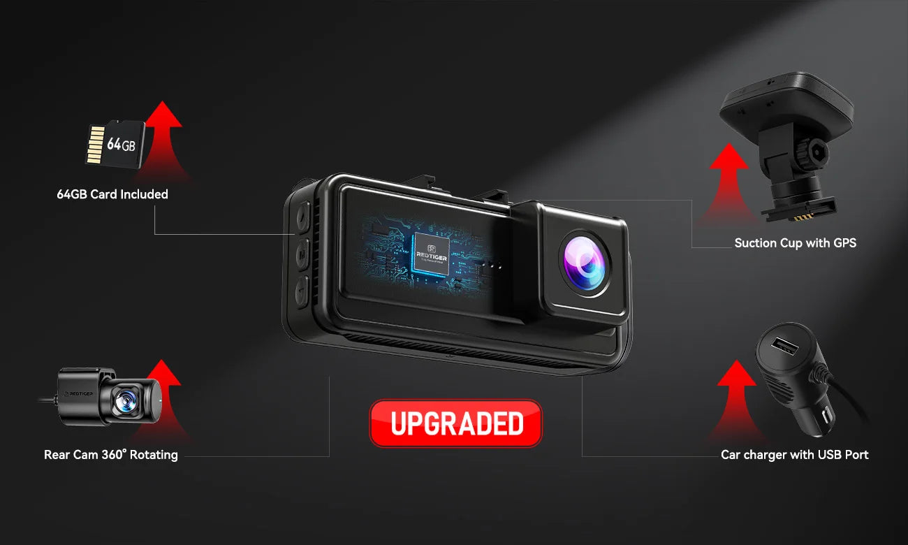 REDTIGER A8 4K+1080P Dash Cam with GPS, WiFi, Touch Screen