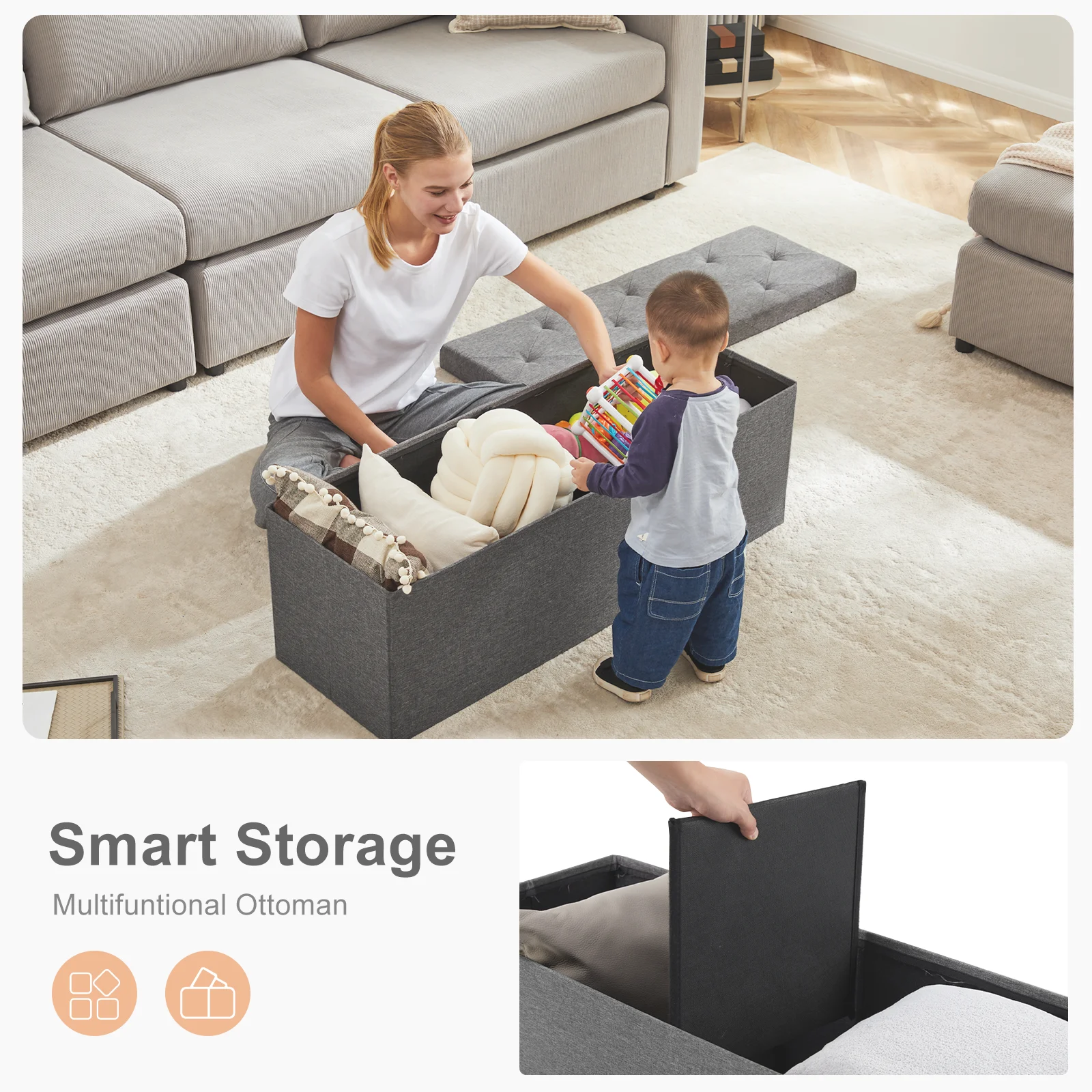 Folding Storage Ottoman Bench with Hidden Toy Box & Cushion Seat