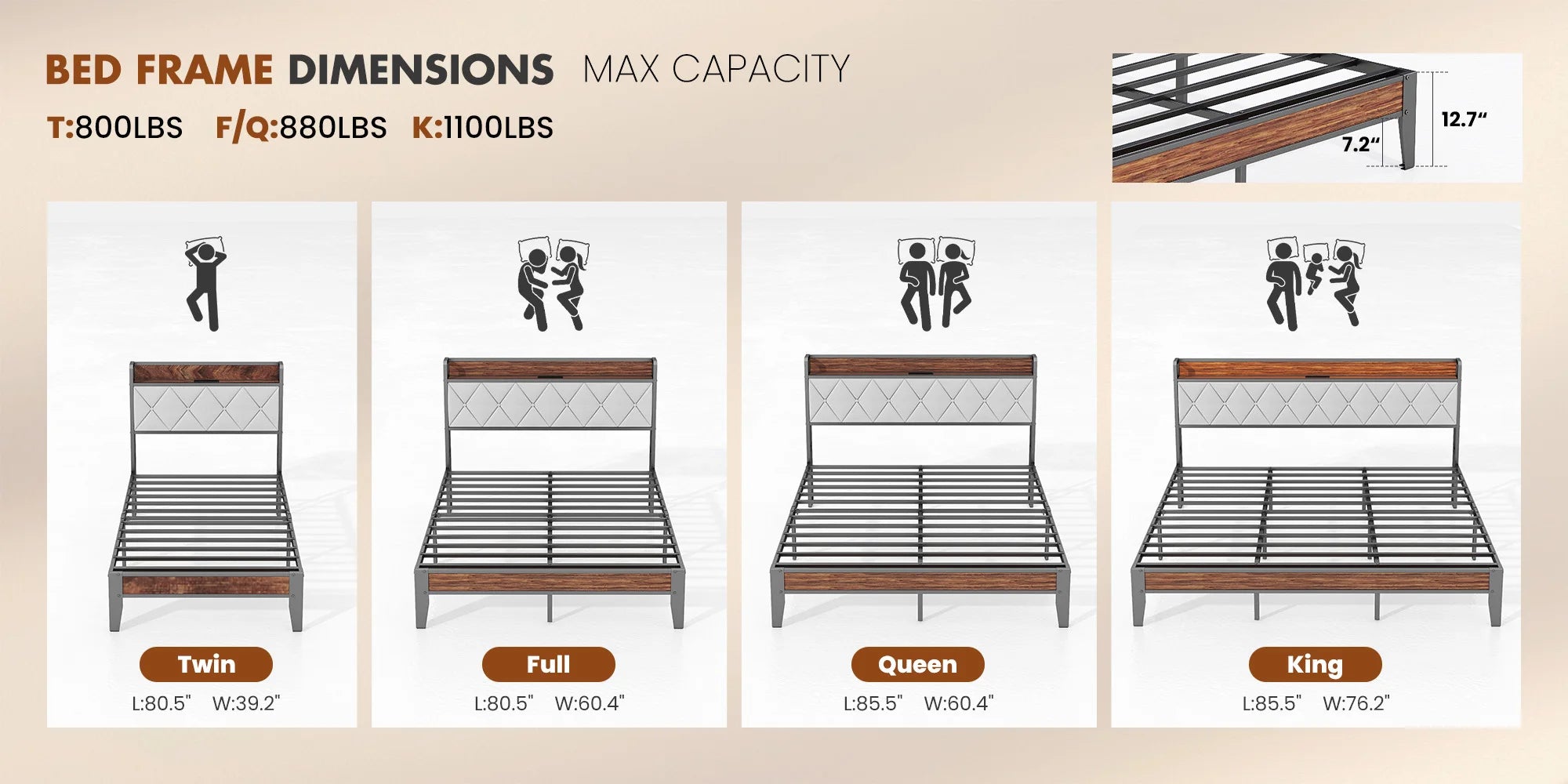 King Size Metal Bed Frame with Storage & Charging Headboard