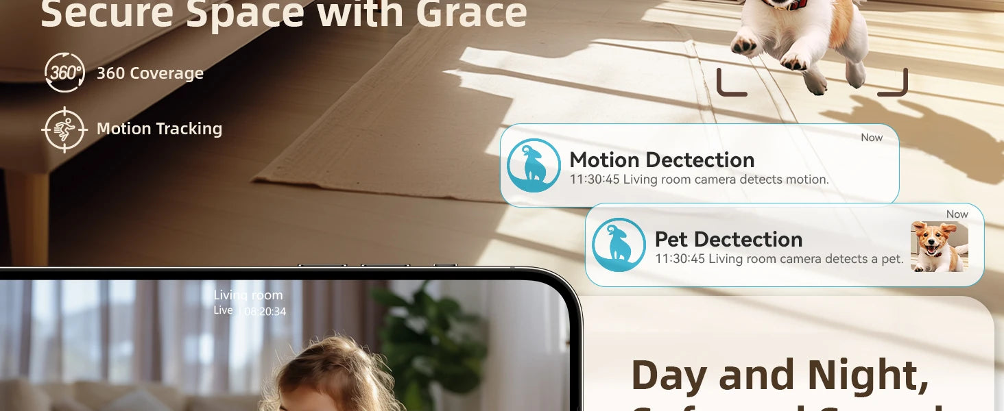 2K Indoor Security Camera 360° PTZ with App, Night Vision & Talk