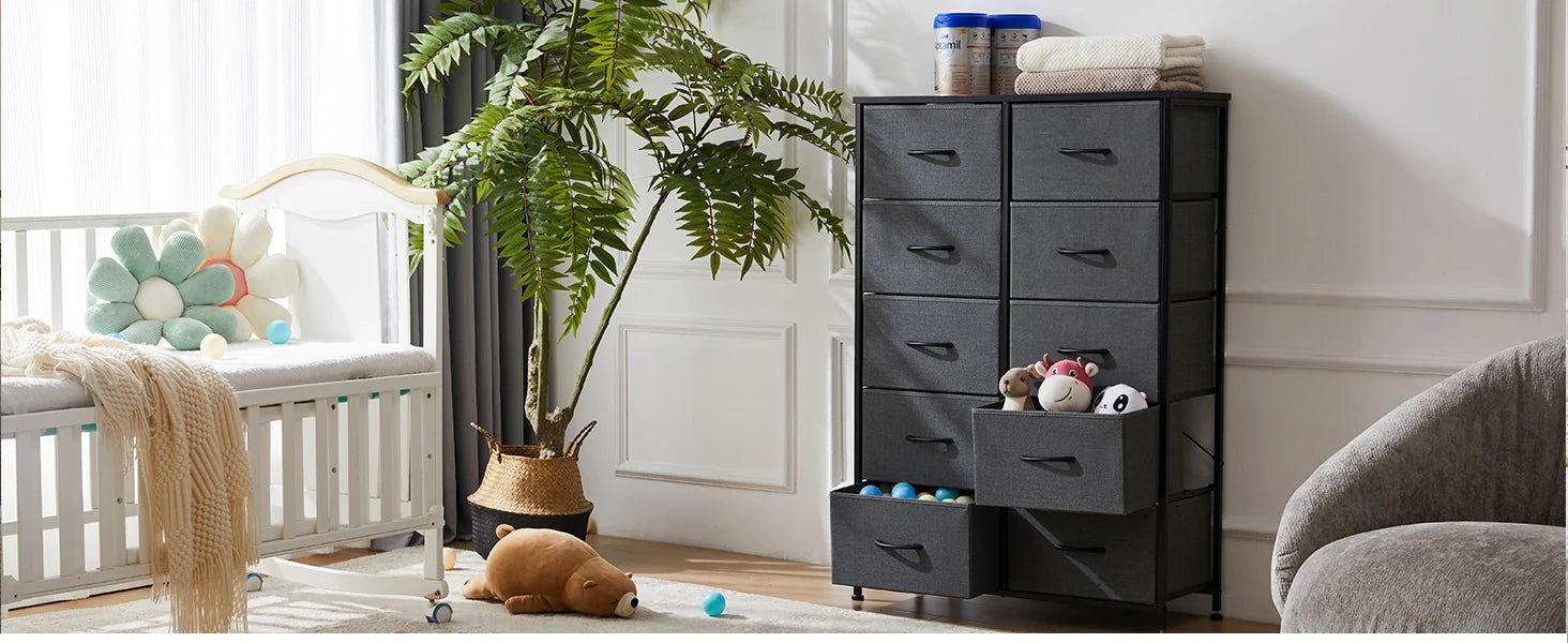 10 Drawer Fabric Dresser Nightstand with Steel Frame Storage