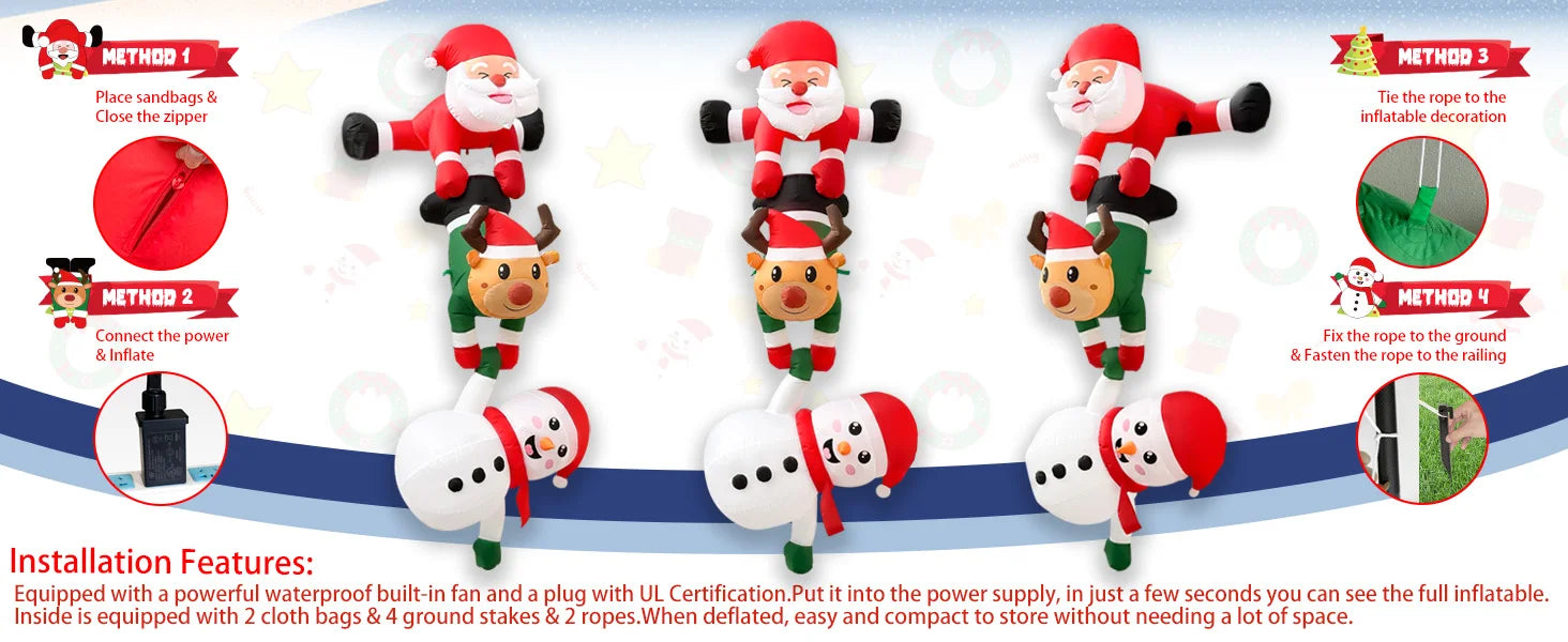 8FT Christmas Inflatables Decor, Climbing Santa Claus with Reindeer & Snowman/Elves, Xmas Decor for Beam Roof Tree Indoor Party
