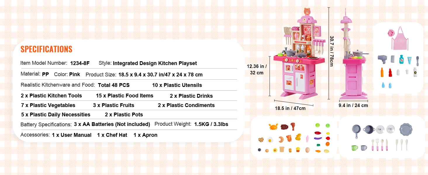 Kids Kitchen Playset 48PCS Pretend Cooking Toy with Lights & Water Sink