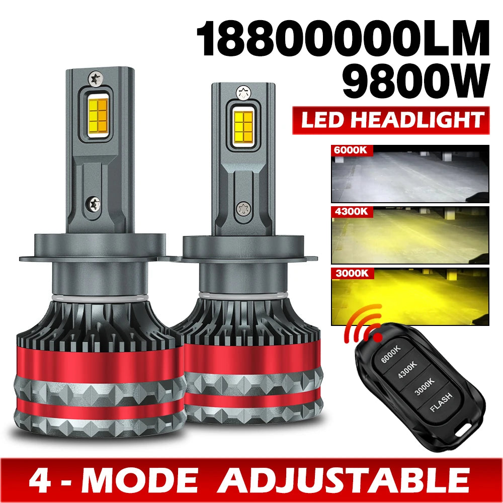 Phares LED 9800W H4 H7 Canbus H1 H11 9005 HB3 9006 HB4 6000K 4300K 3000K Trois Couleurs Télécommande Lampe LED de Voiture Bulbe Strobe