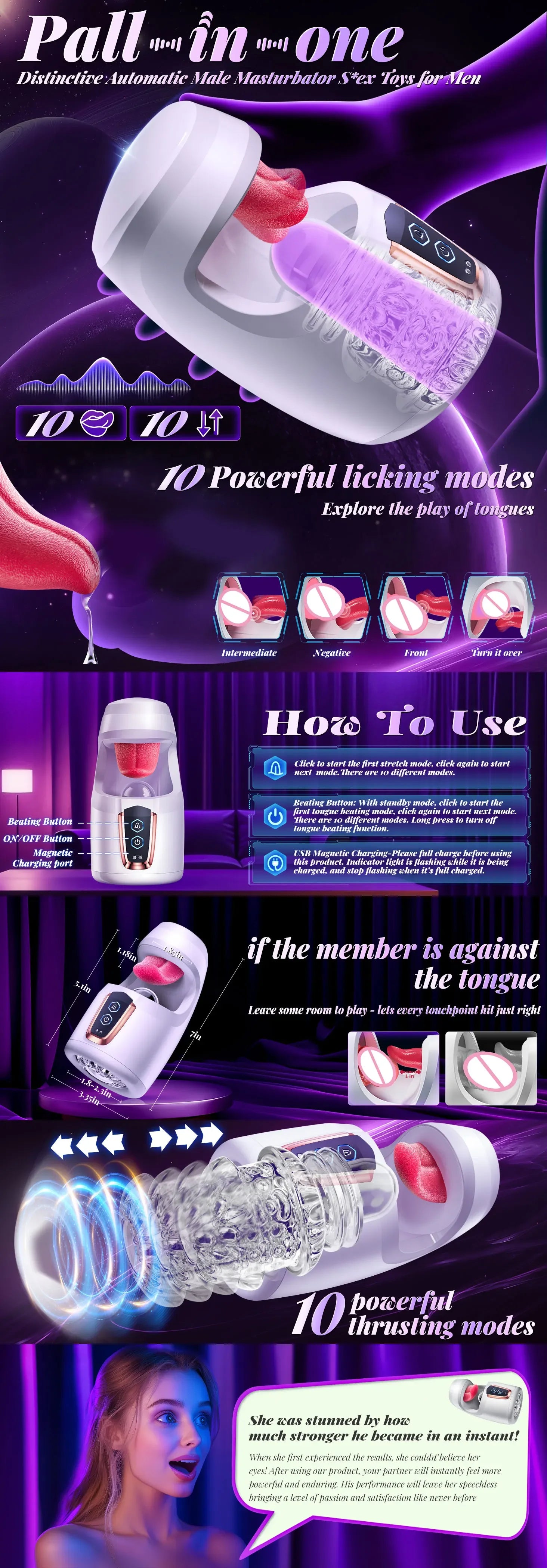 Мастурбатор для чоловіків із язиковим лизанням, режимами руху вперед-назад і лизанням