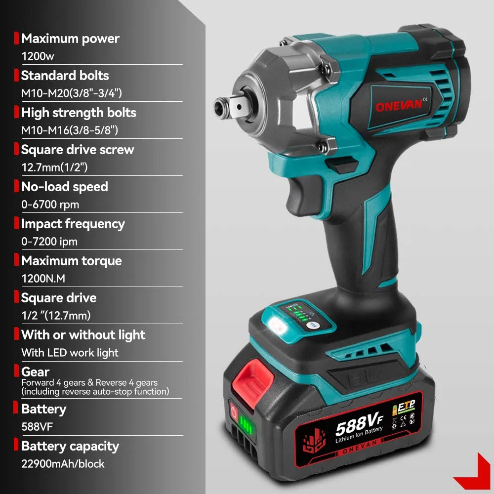 ONEVAN 1200N.m Brushless Electric Impact Wrench 1/2 inch Cordless Electric Screwdriver Drill Tool For Makita 18V Battery Pin - Spy-shop.com