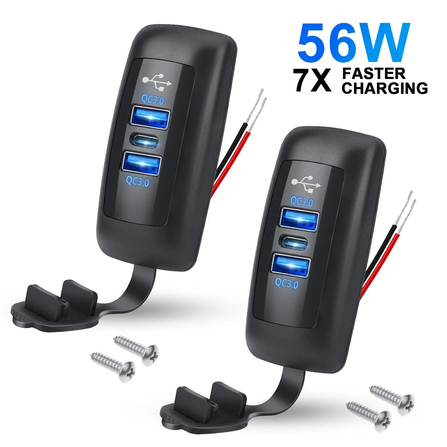 Carregador de Carro com 3 Portas, Dupla USB PD QC3.0, Adaptador de Carga Rápida à Prova de Água para Caminhão, Marinha, Motociclo e Acessórios de Carro