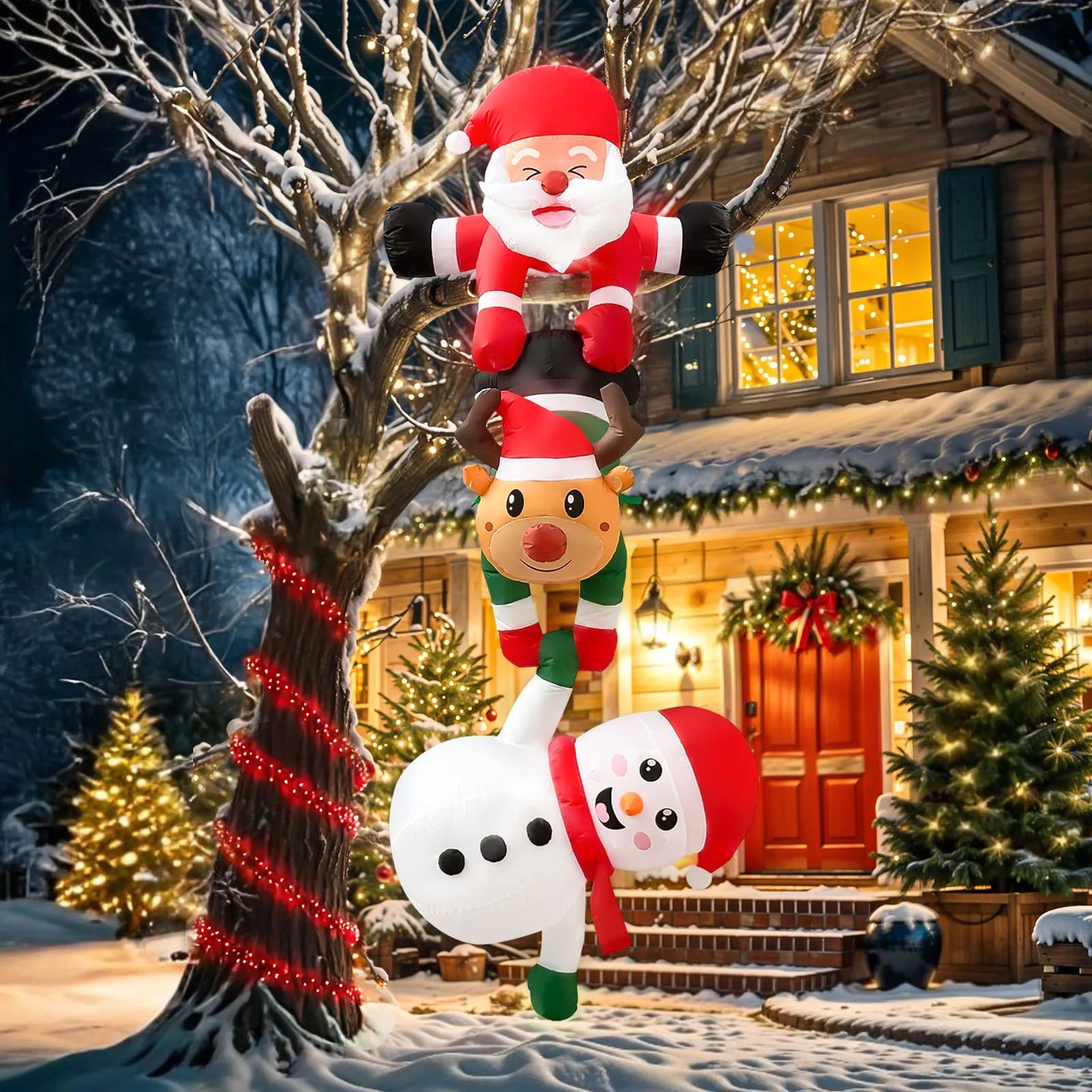 8FT Christmas Inflatables Decor, Climbing Santa Claus with Reindeer & Snowman/Elves, Xmas Decor for Beam Roof Tree Indoor Party