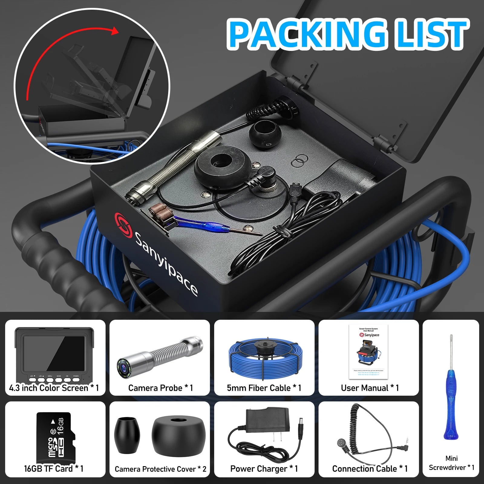Rioolinspectiecamera 17mm LED Endoscoop met 4,3" Scherm en DVR