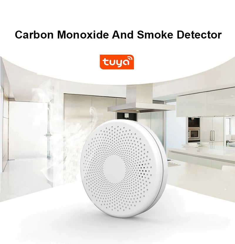 2 in 1 Version WiFi Tuya Smart Co & Smoke Detector Alarm Carbon Monoxide Parlor Room Kitchen Shop Fire PIR Sound Sensor Alert