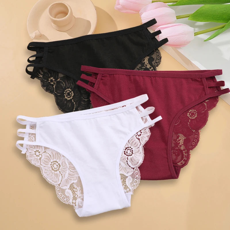 3PC/Set Women's Sexy Floral Lace Panties Low Rise Hollow Out Briefs Transparent Underwear Female Elastic Straps Soft Lingerie