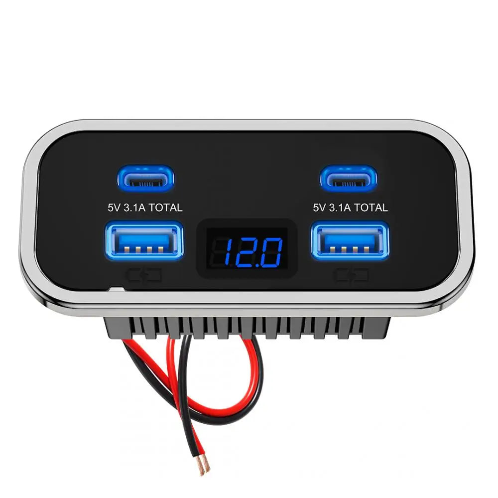 4-Port 12V/24V Car USB Socket Charger 76W Dual PD3.0 Type-C & Dual Quick Charge QC3.0 Power Adapter for Marine Bus ATV Truck