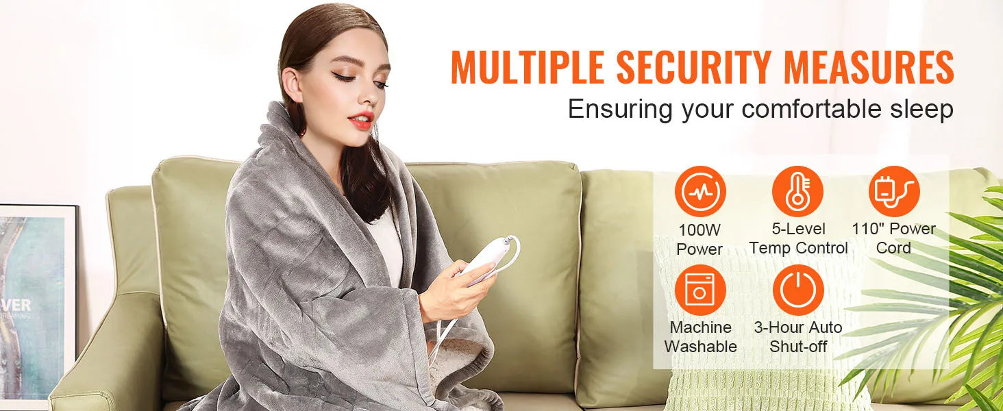 SucceBuy Heated Blanket Electric Throw 4 Sizes Soft Flannel & Sherpa Heating Blanket with 3 Hours Timer Auto-off 5 Heating Level