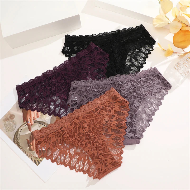 FINETOO 3Pcs Lace Hollow Out Underwear for Women Sexy Low-Waist Floral Briefs Female Invisible Breathable Lingerie Soft Intimate