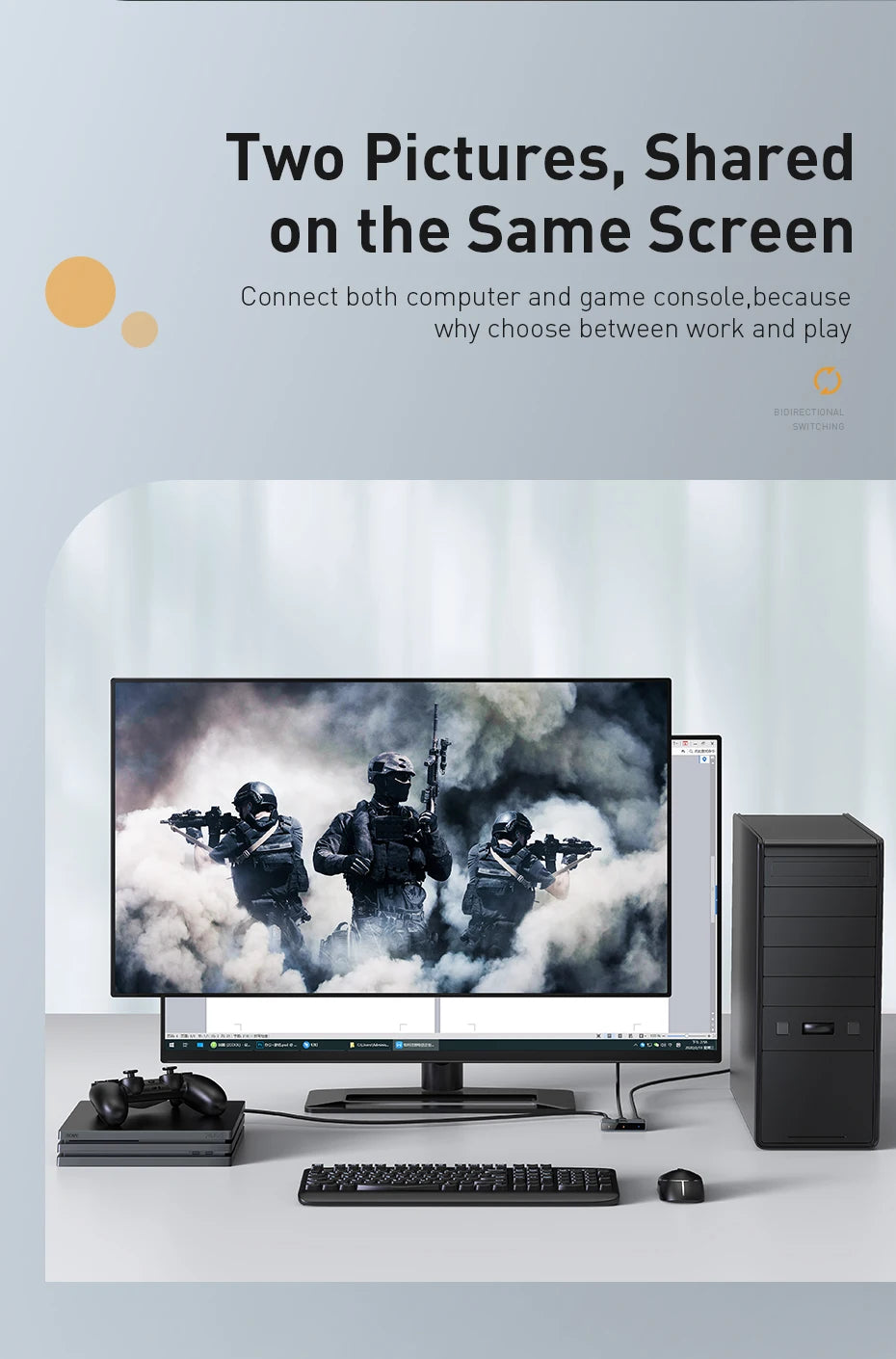 4K HDMI prepínač obojsmerný 2-v-1 rozdeľovač pre TV, PS4, PC