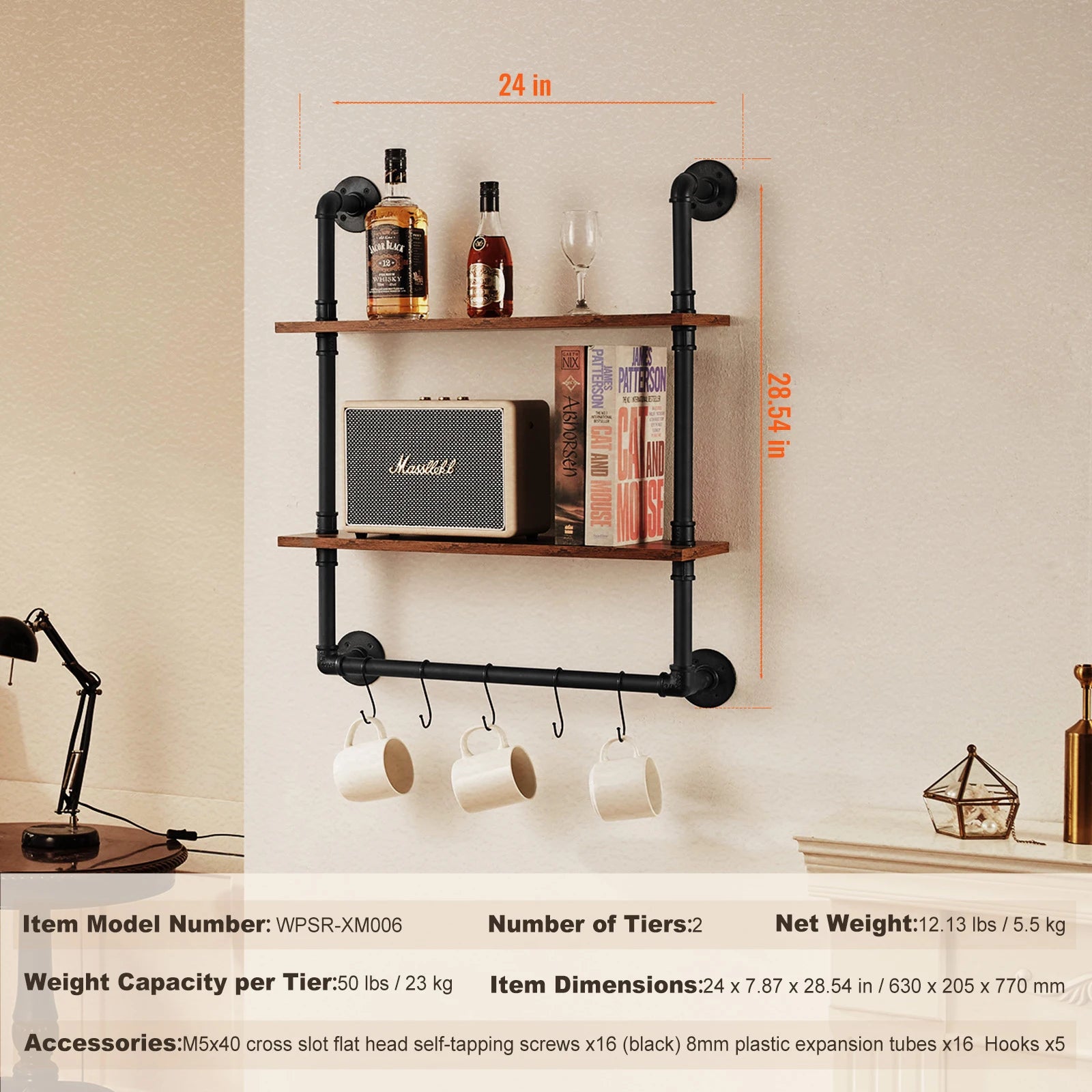 Industrial Pipe Wall Mount Floating Shelf Rack