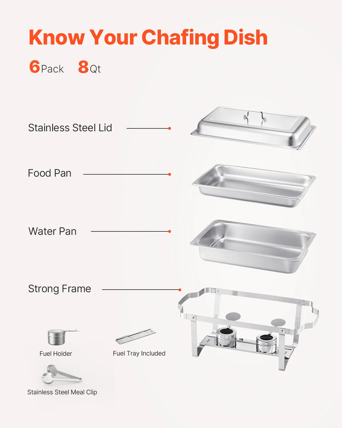 8 Qt Stainless Steel Chafing Dish Buffet Set with Lid (4/6 Pack)