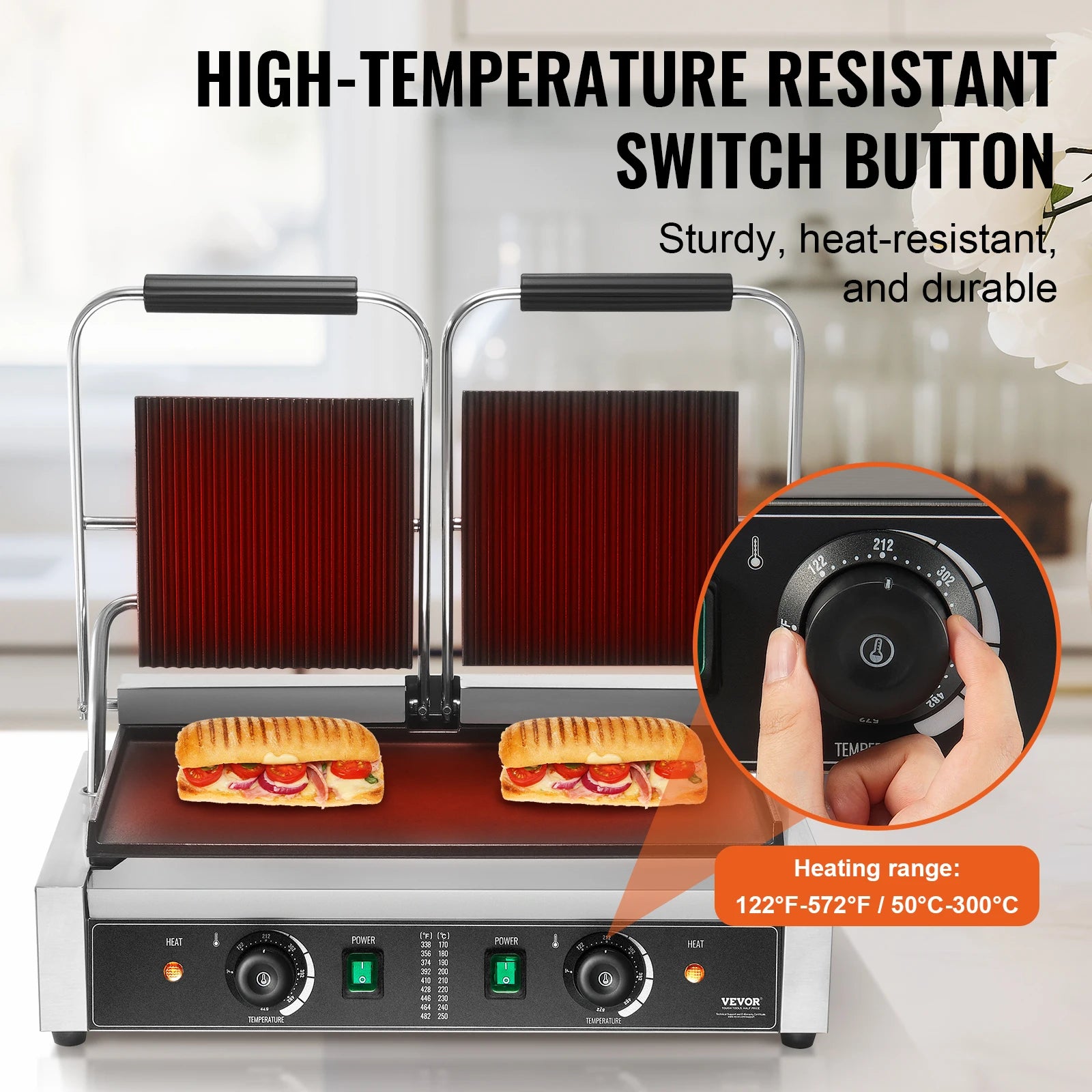 Commercial 3600W Panini Grill with Temp Control and 19x9 Surface