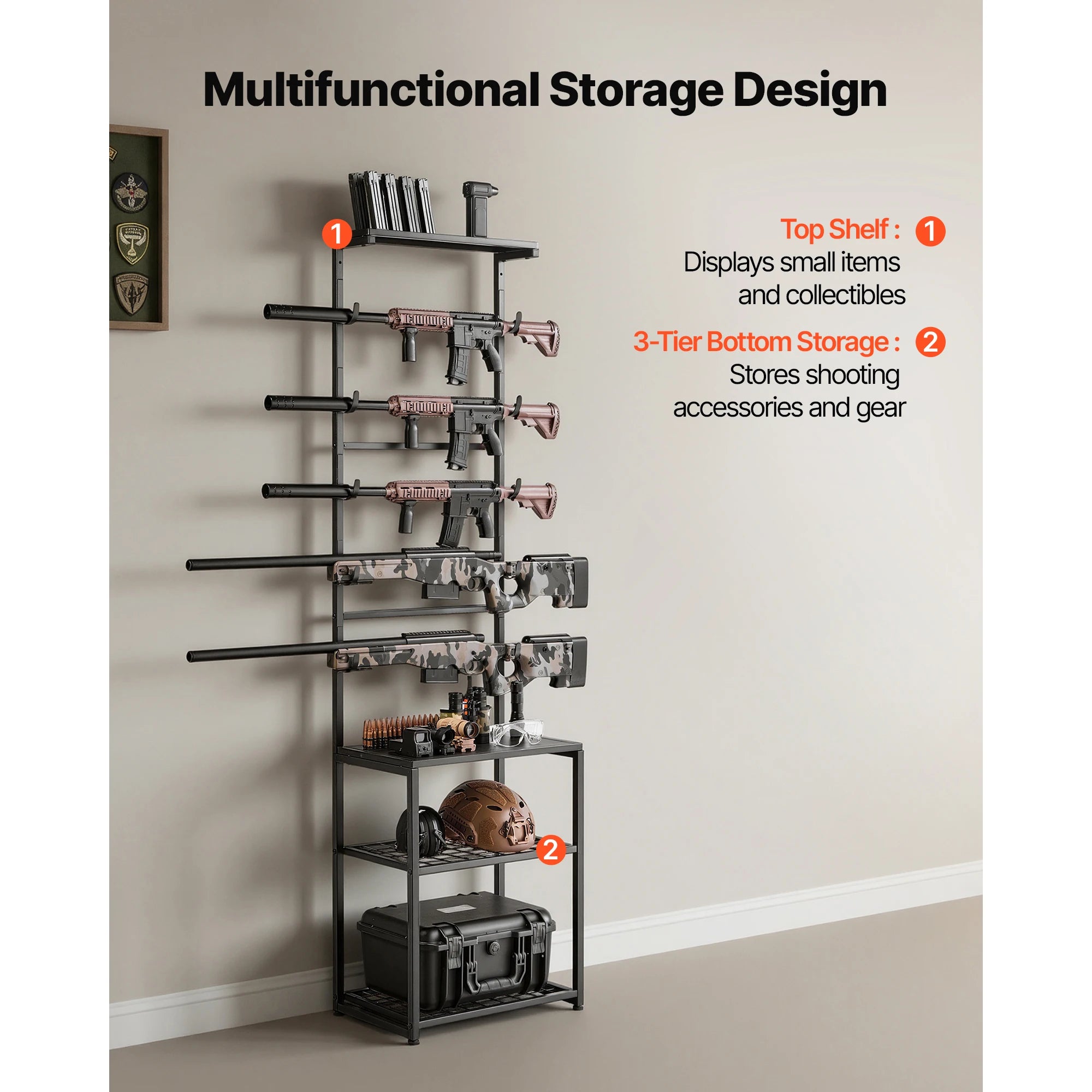 SucceBuy Gun Rack Floor Standing Indoor Rifle Shotgun Rack Stand with Storage Shelf for Wall Mount Gun Display Stand for Garage