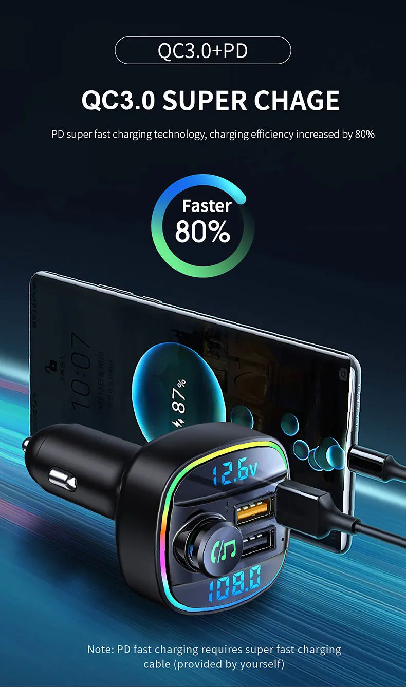 Bluetooth 5.0 FM vysielač Handsfree car radio modul MP3 prehrávač s 22.5W USB Superrýchlym nabíjaním adaptér do auta