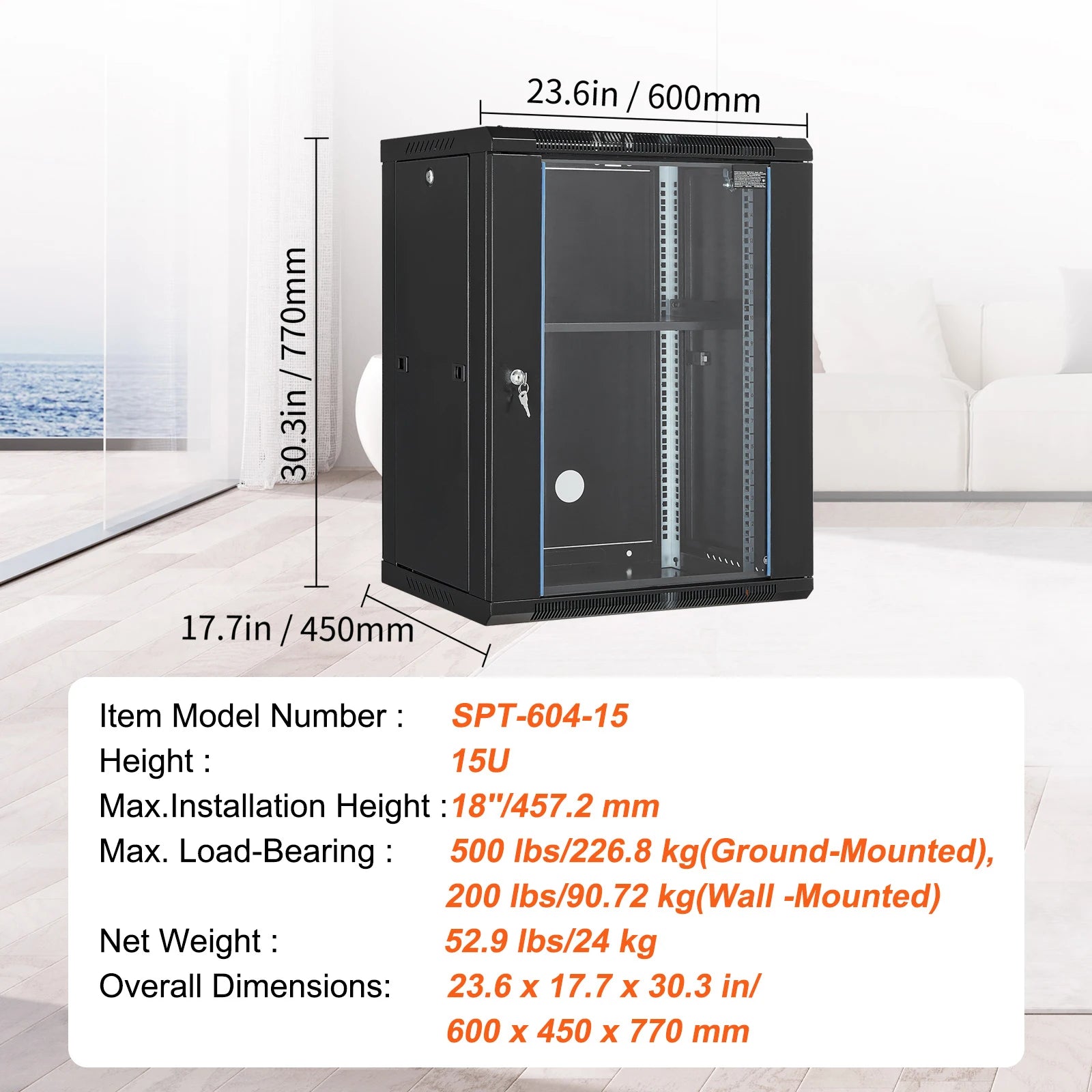 SucceBuy 15U Wall Mount Server Cabinet 500lbs Max Ground-mounted Load Capacity Network Rack Enclosure for IT A/V Devices Use