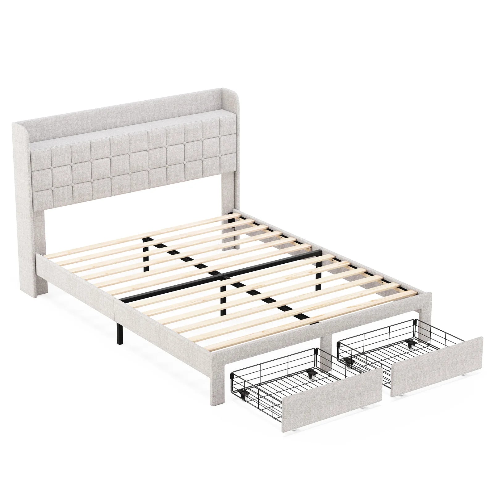 Wood Bed Frame with Storage Drawers & Upholstered Headboard