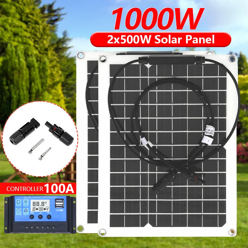 500W/1000W Flexible Solar Panel 12V Battery Charger with Controller – Solar Power Bank for Phone, Car, Yacht, RV